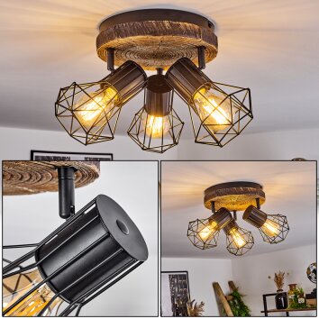 Bardhaman Plafondlamp Bruin, houtlook, Zwart, 3-lichts