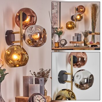 Ripoll Kogellampje, Wandlamp Goud, Zwart, 3-lichts